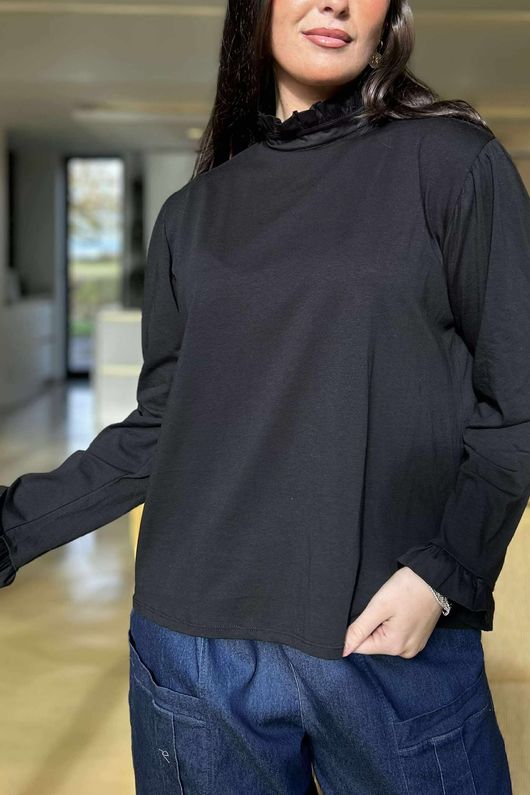 Essential Body Stretch Cotton Ruffle Neck Layering Top Black - 